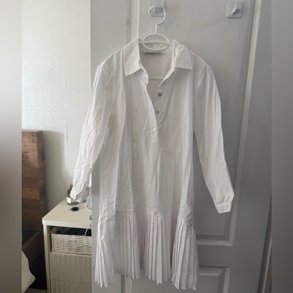 Zara White Long-Sleeve Pleated Shirt Dress